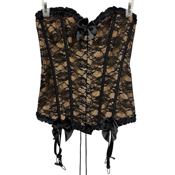 Corset Black Lace Overlay Bustier Top Sexy Steel Boned Body Shaper Womens Medium - Picture 7 of 14